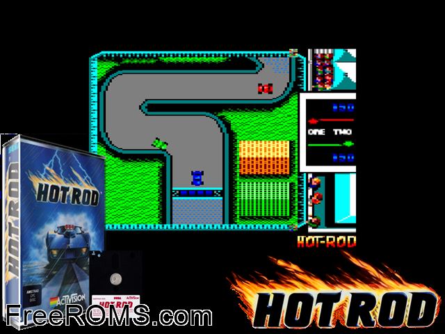 Hotrod (F) (1989) [f1] Amstrad CPC game showing 3D box cover and gameplay screenshot